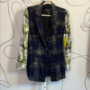 Wildfang Blue and Black Plaid Blazer with yellow accents size XS